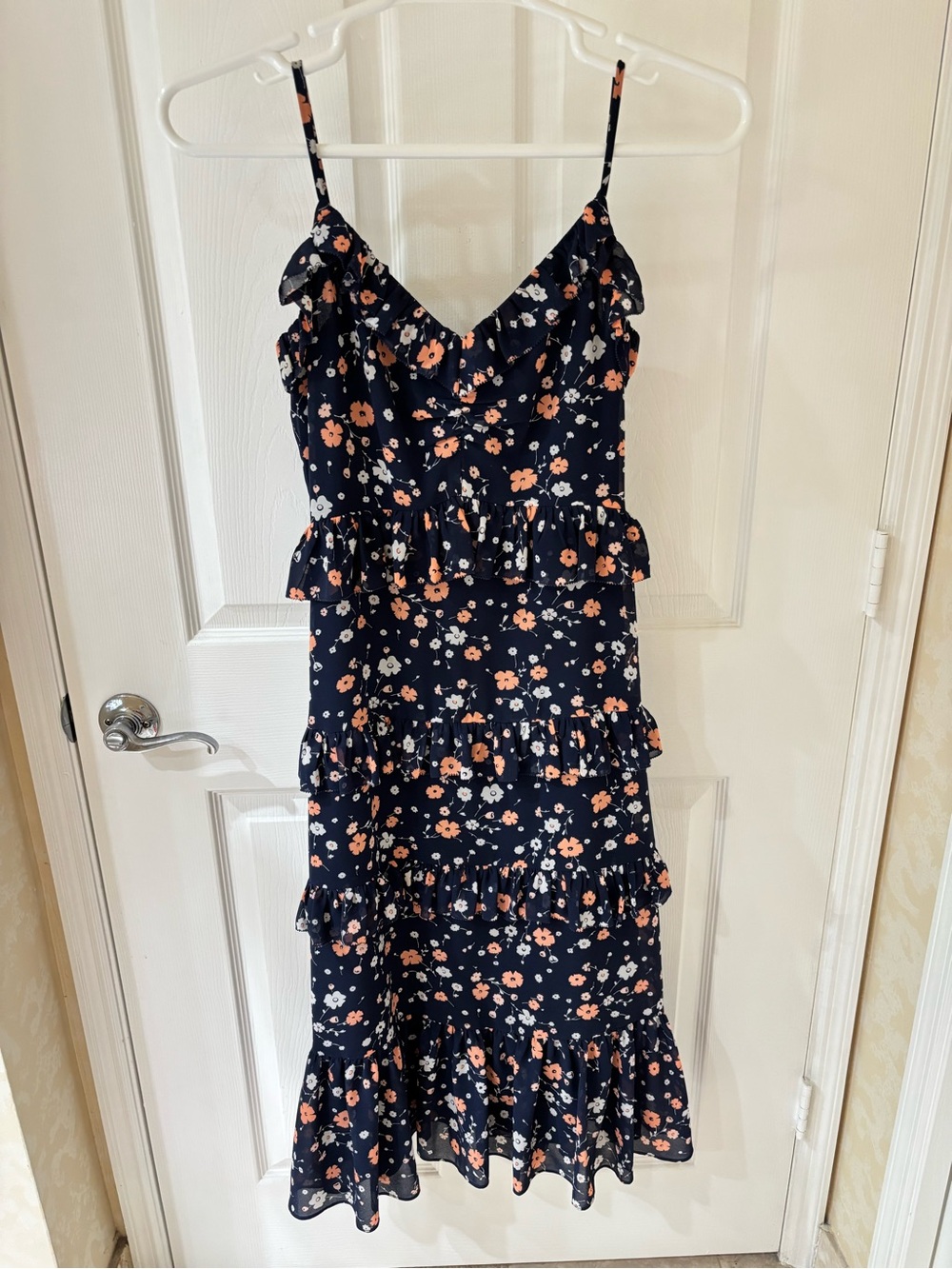 Michael Kors Navy Midi Dress with Peach Floral Print